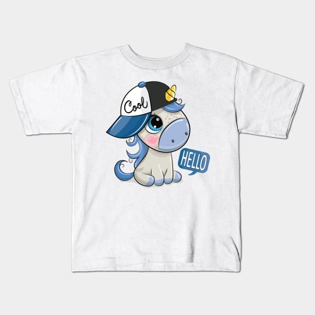 Little cute unicorn in a baseball cap says hello Kids T-Shirt by playmanko